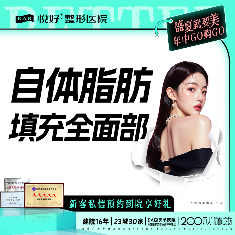 【自体脂肪全面部填充】【全面部自体脂肪】新客专享 填充 包干价 太阳穴 苹果肌下巴 含麻醉体检费
